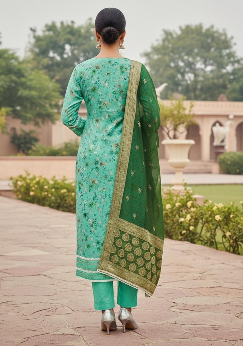 Sea Green Embroidered Jacquard Dress Material - Indya