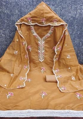 Mustard Brown Embroidered Cotton Blend Dress Material