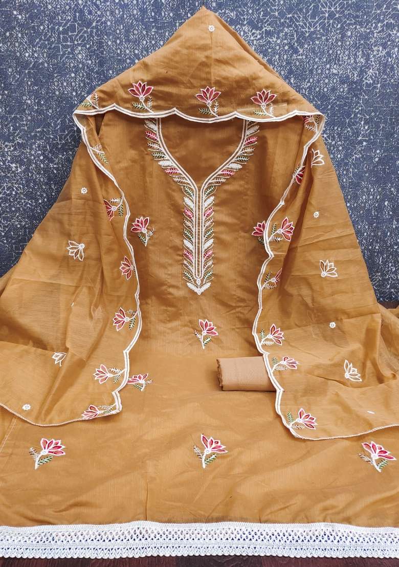 Mustard Brown Embroidered Cotton Straight Kurta Set - Indya