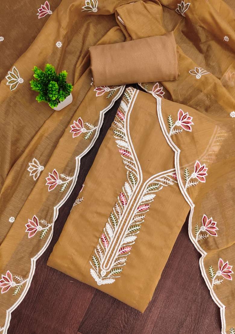 Mustard Brown Embroidered Cotton Straight Kurta Set - Indya