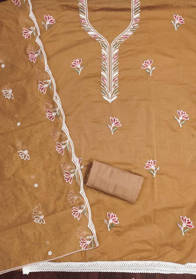 Mustard Brown Embroidered Cotton Straight Kurta Set - Indya