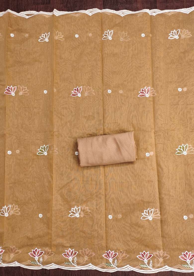 Mustard Brown Embroidered Cotton Straight Kurta Set - Indya