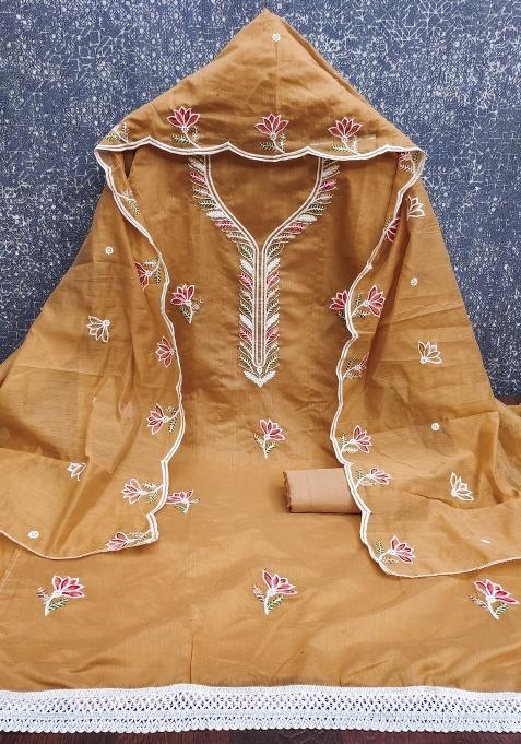 Mustard Brown Embroidered Cotton Blend Dress Material