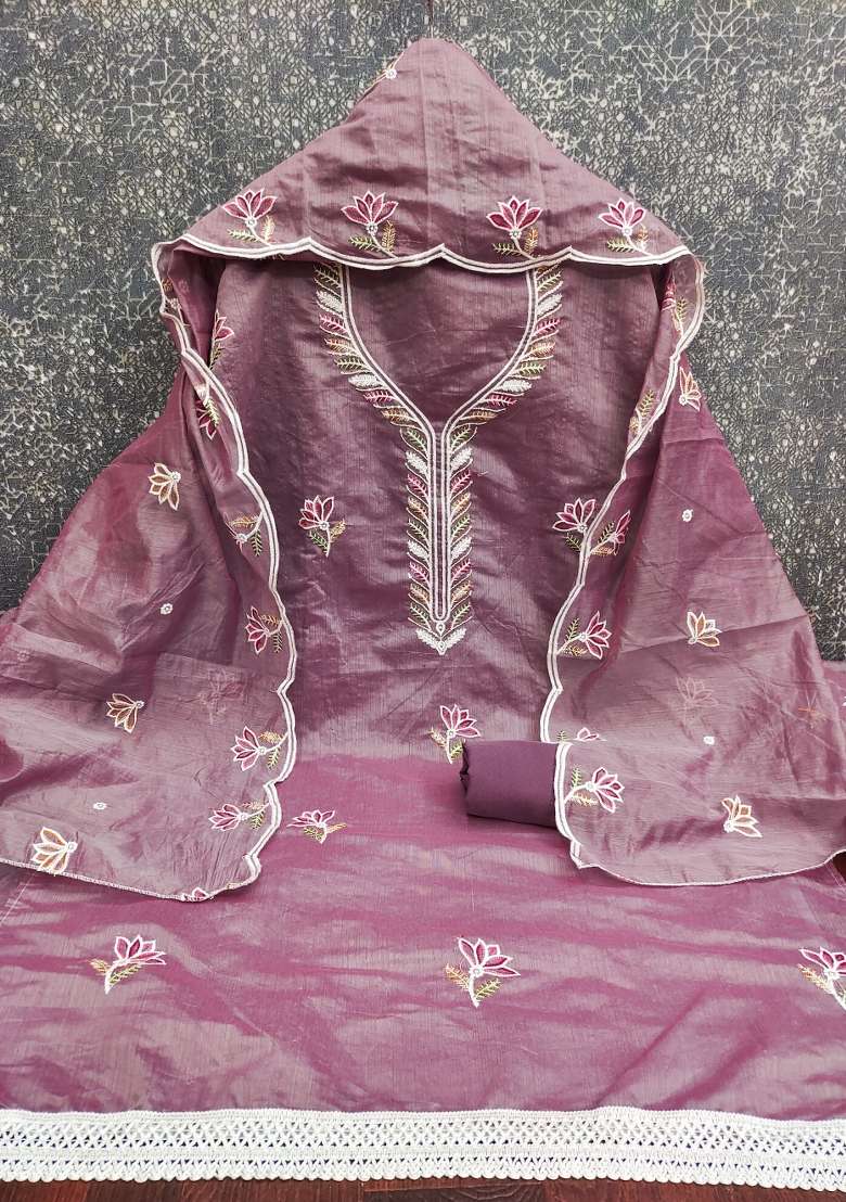 Lavender Embroidered Cotton Blend Dress Material - Indya