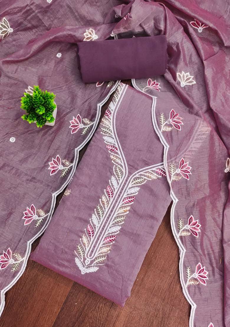 Lavender Embroidered Cotton Blend Dress Material - Indya