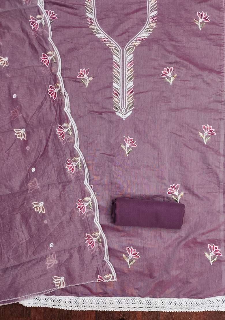 Lavender Embroidered Cotton Blend Dress Material - Indya