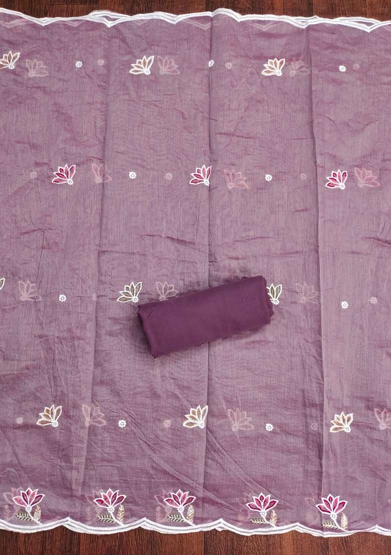 Lavender Embroidered Cotton Blend Dress Material - Indya