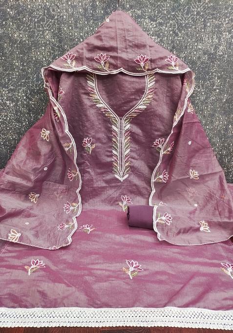 Lavender Embroidered Cotton Blend Dress Material