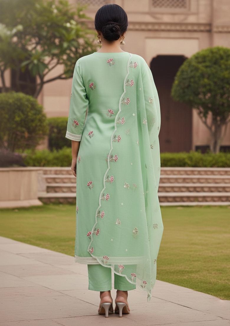 Light Green Embroidered Cotton Blend Dress Material - Indya