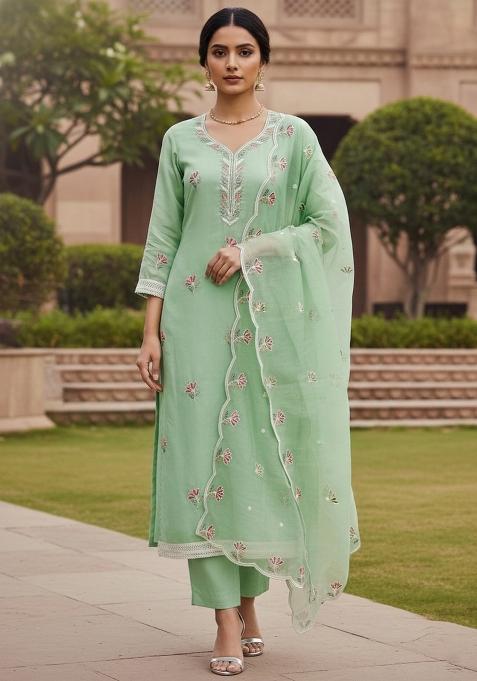 Light Green Embroidered Cotton Blend Dress Material