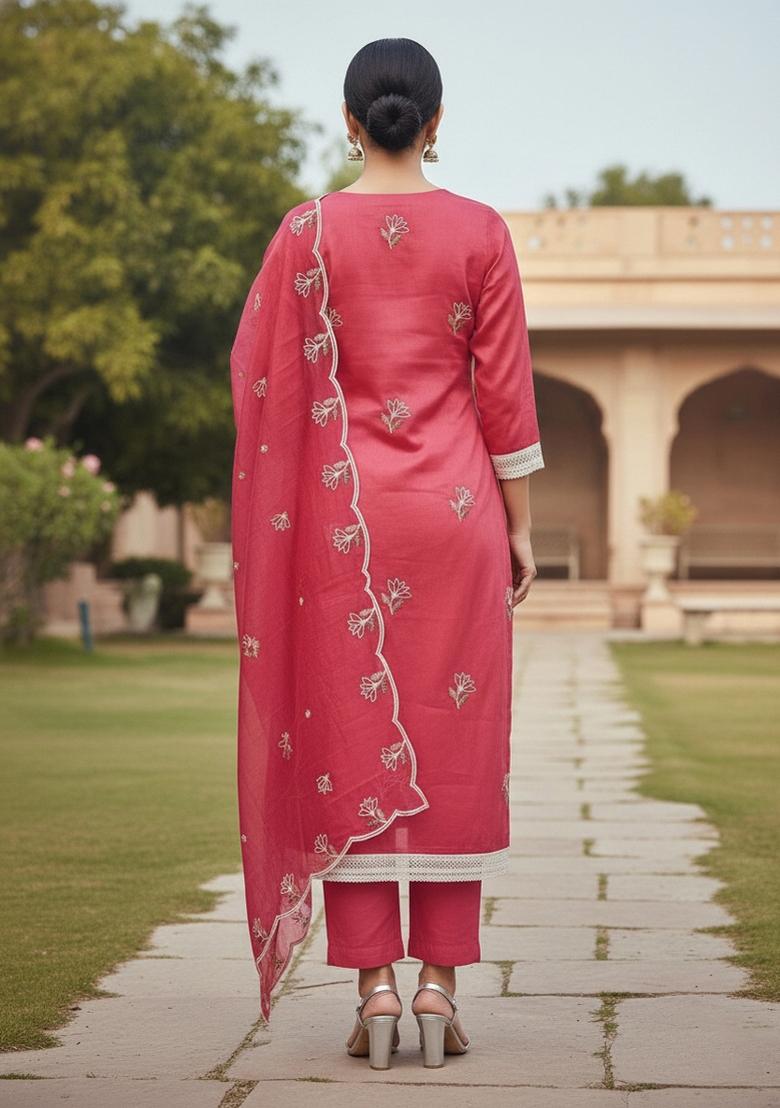 Pink Embroidered Cotton Blend Dress Material - Indya