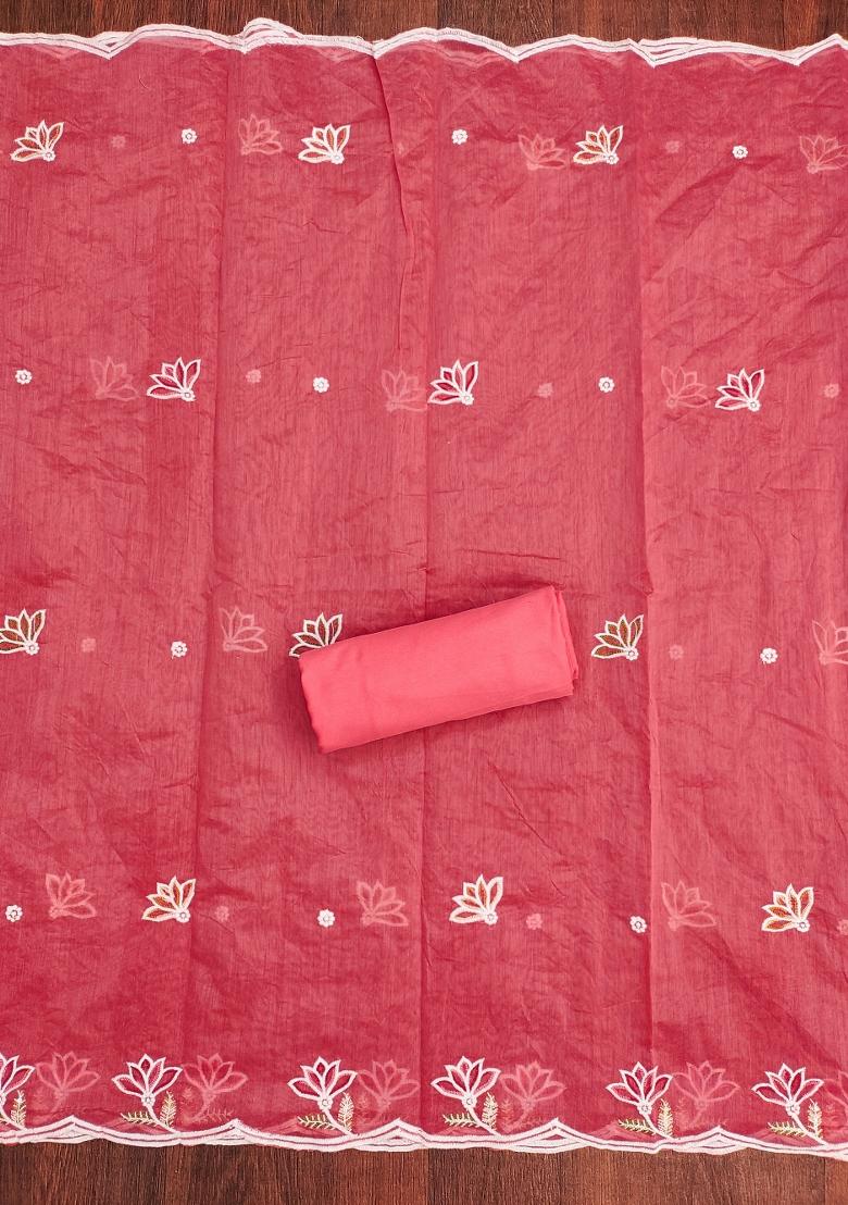 Pink Embroidered Cotton Blend Dress Material - Indya