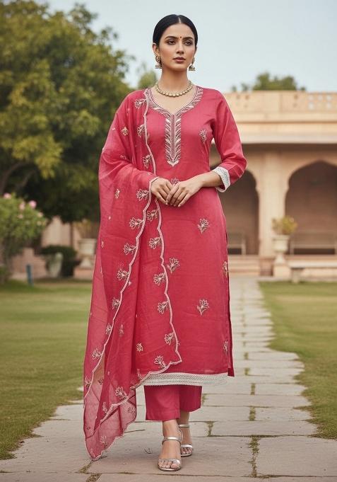 Pink Embroidered Cotton Blend Dress Material