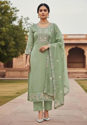 Light Green Embroidered Cotton Blend Dress Material