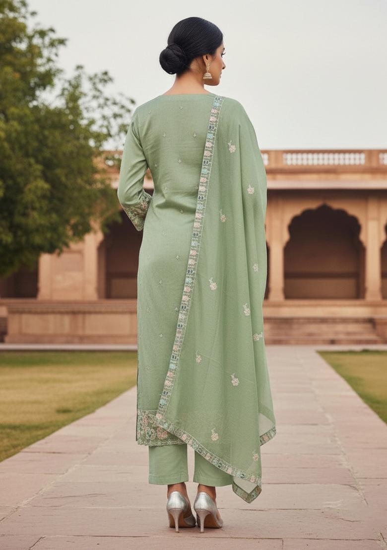 Light Green Embroidered Cotton Blend Dress Material - Indya