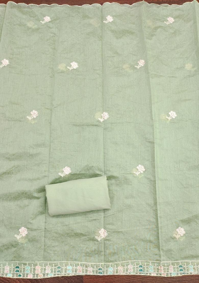 Light Green Embroidered Cotton Blend Dress Material - Indya