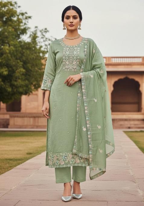 Light Green Embroidered Cotton Blend Dress Material