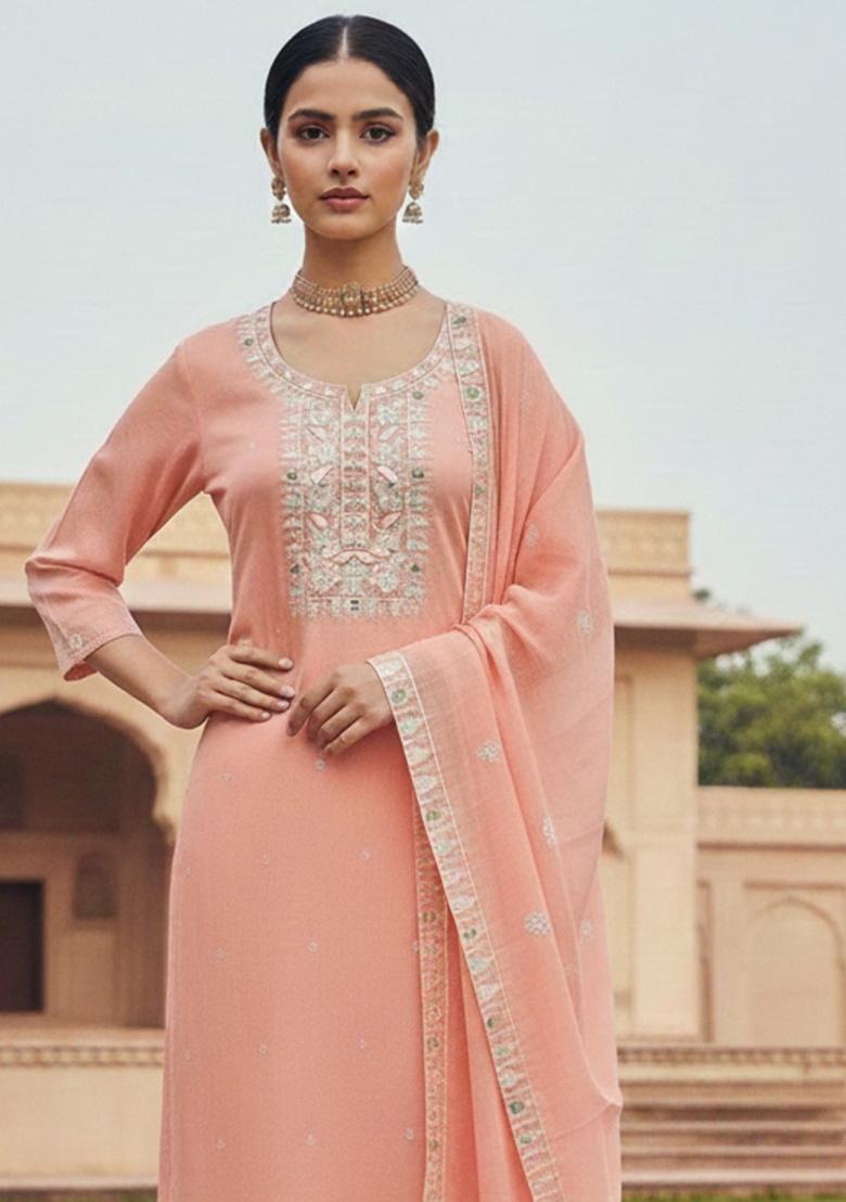 Peach Embroidered Cotton Blend Dress Material - Indya