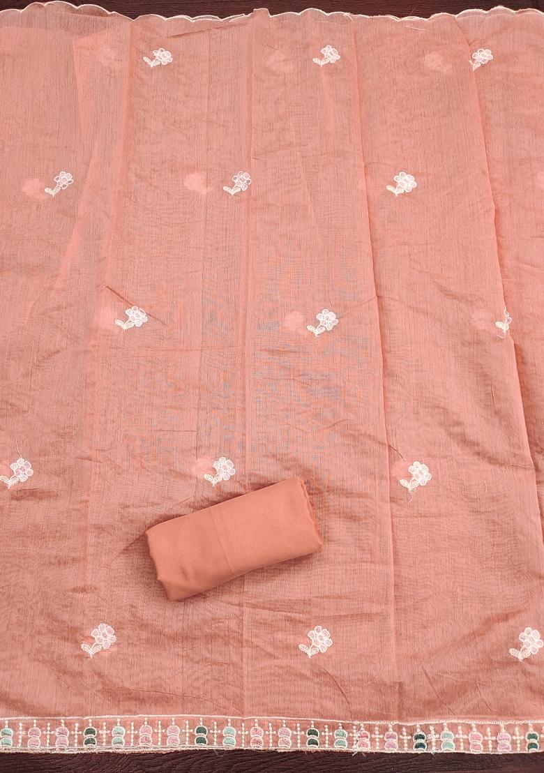 Peach Embroidered Cotton Blend Dress Material - Indya