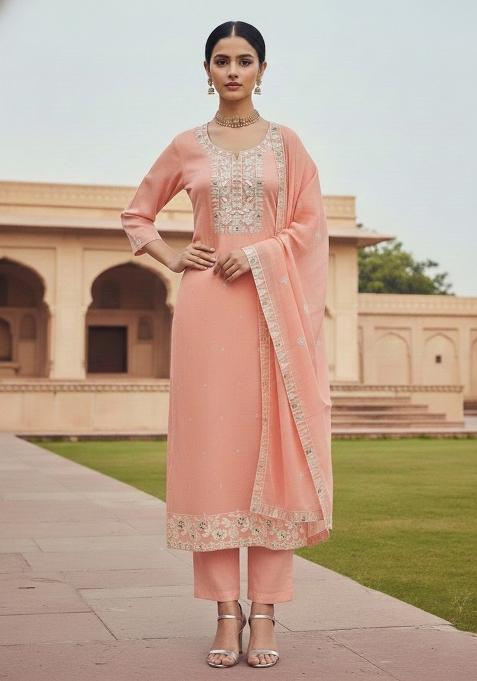 Peach Embroidered Cotton Blend Dress Material