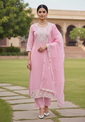 Pink Embroidered Cotton Blend Dress Material