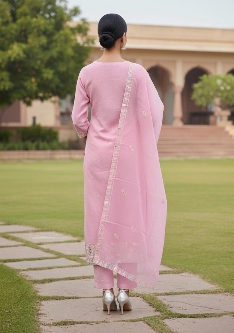Pink Embroidered Cotton Blend Dress Material - Indya