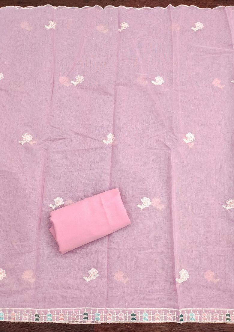 Pink Embroidered Cotton Blend Dress Material - Indya