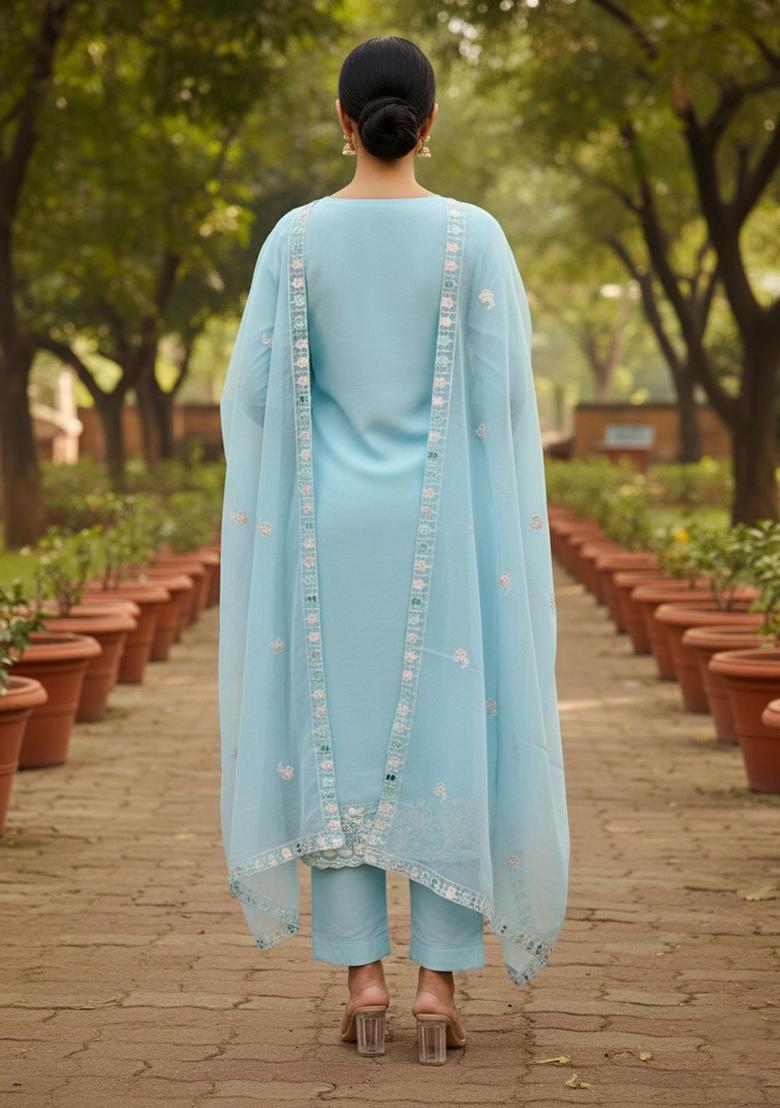 Sky Blue Embroidered Cotton Blend Dress Material - Indya