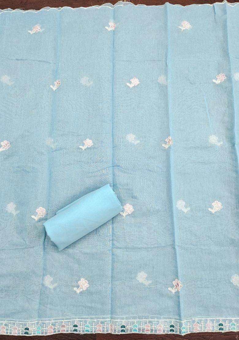 Sky Blue Embroidered Cotton Blend Dress Material - Indya