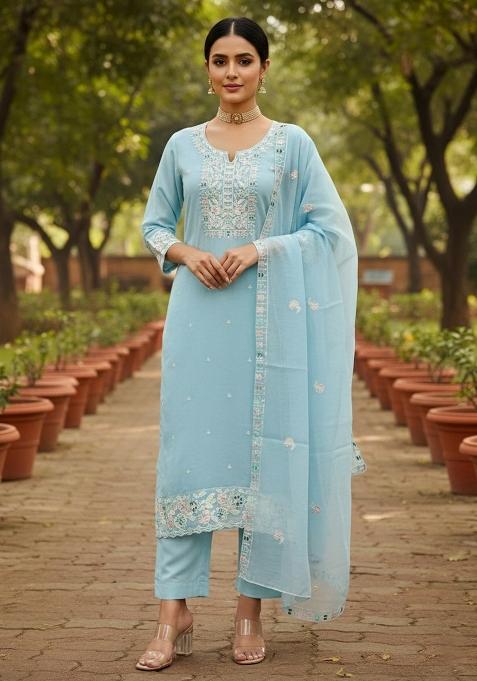 Sky Blue Embroidered Cotton Blend Dress Material