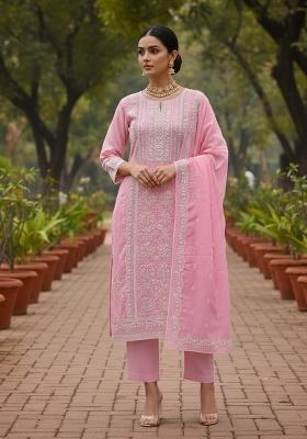 Baby Pink Embroidered Cotton Blend Dress Material