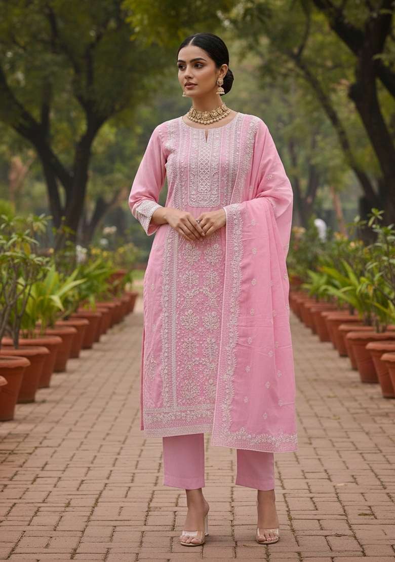 Baby Pink Embroidered Cotton Blend Dress Material - Indya