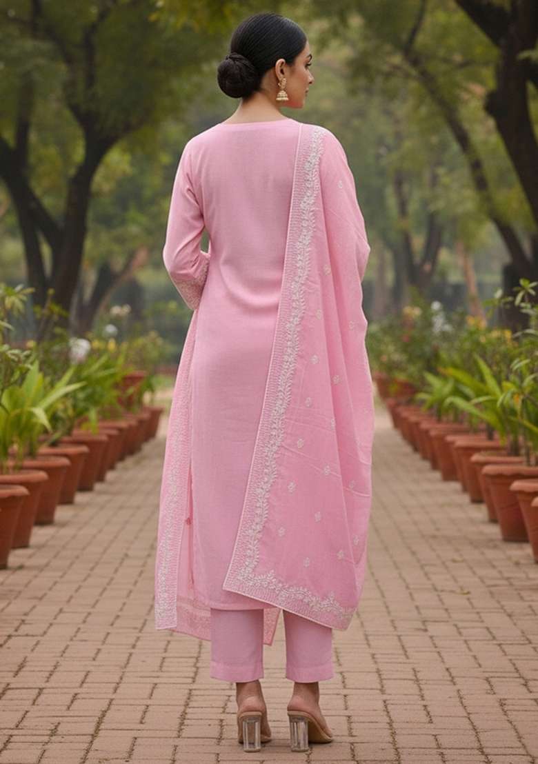 Baby Pink Embroidered Cotton Blend Dress Material - Indya