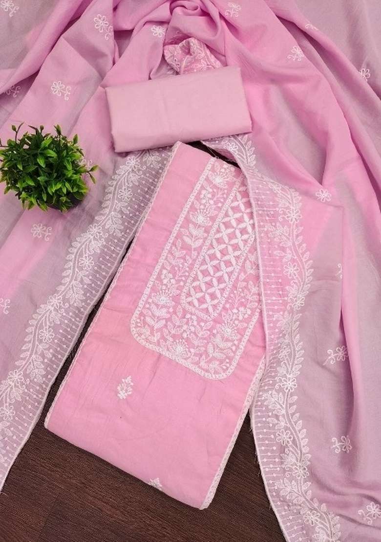 Baby Pink Embroidered Cotton Blend Dress Material - Indya