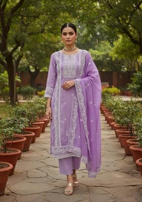 Lavender Embroidered Cotton Blend Dress Material