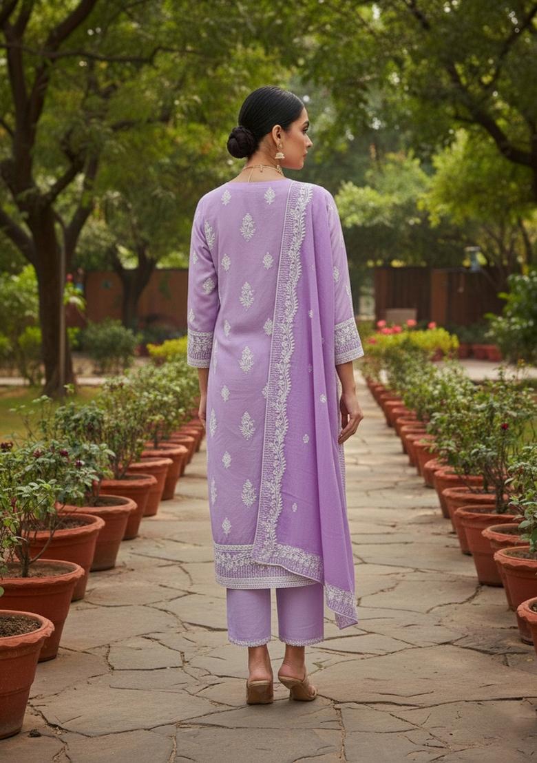 Lavender Embroidered Cotton Blend Dress Material - Indya