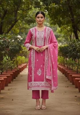 Pink Embroidered Cotton Blend Dress Material