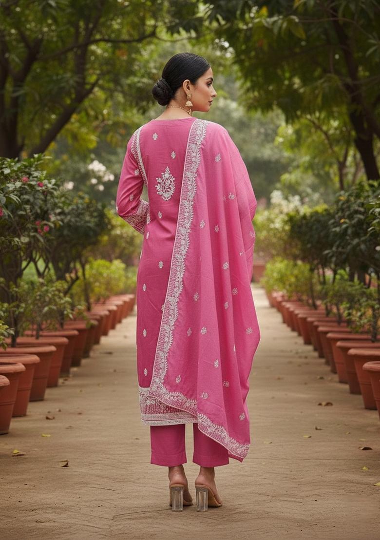 Pink Embroidered Cotton Blend Dress Material - Indya