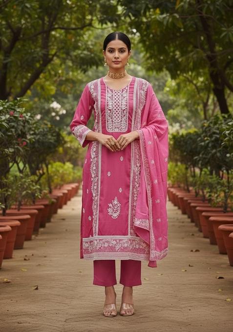 Pink Embroidered Cotton Blend Dress Material