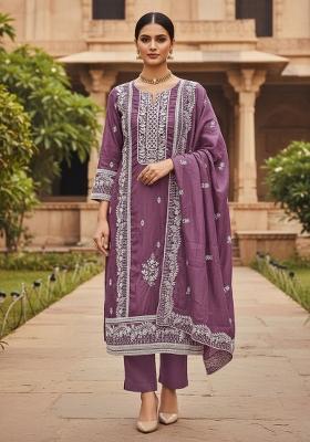Purple Embroidered Cotton Blend Dress Material