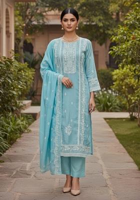 Sky Blue Embroidered Cotton Blend Dress Material