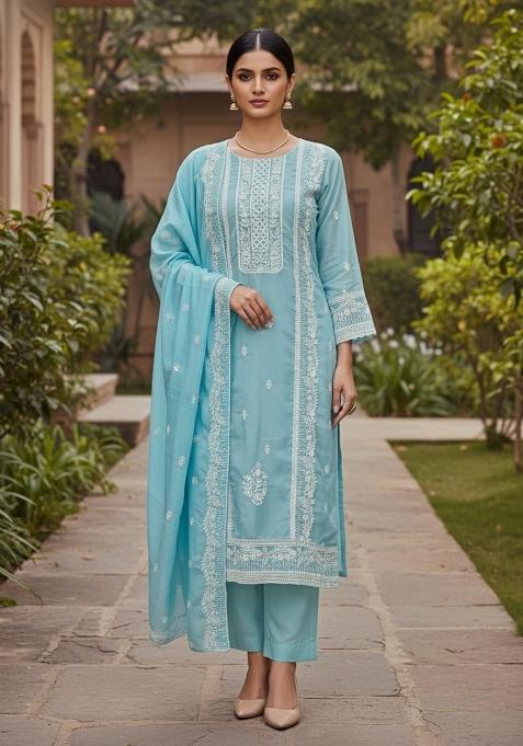 Sky Blue Embroidered Cotton Blend Dress Material