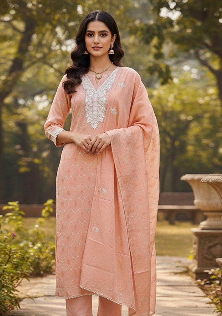 Peach Embroidered Chanderi Dress Material - Indya