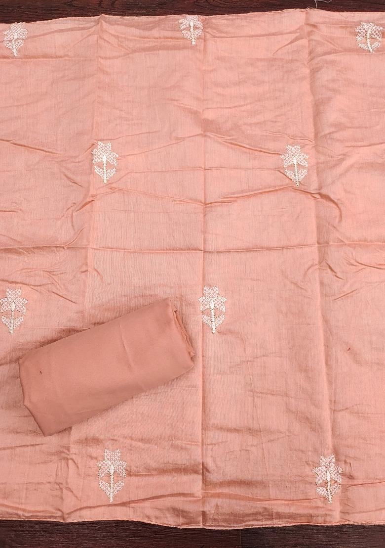 Peach Embroidered Chanderi Dress Material - Indya