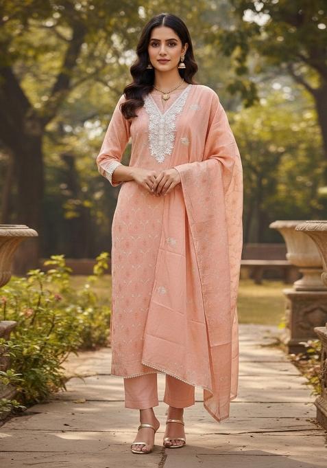 Peach Embroidered Chanderi Dress Material