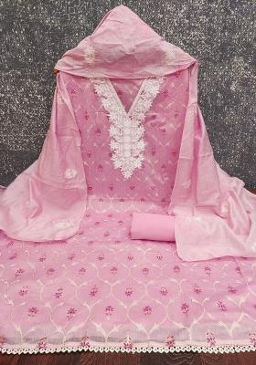 Pink Embroidered Chanderi Dress Material