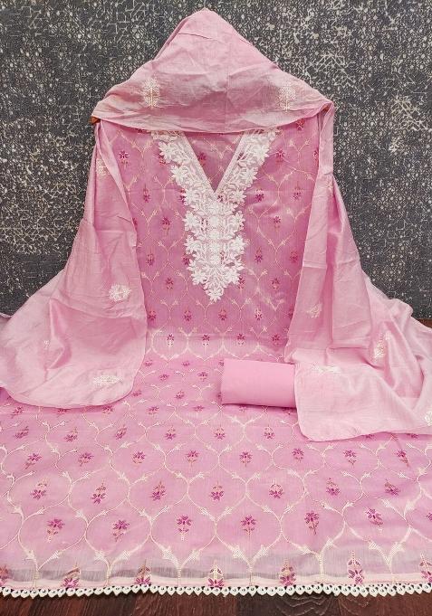 Pink Embroidered Chanderi Dress Material