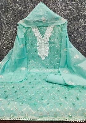 Sea Green Embroidered Chanderi Dress Material