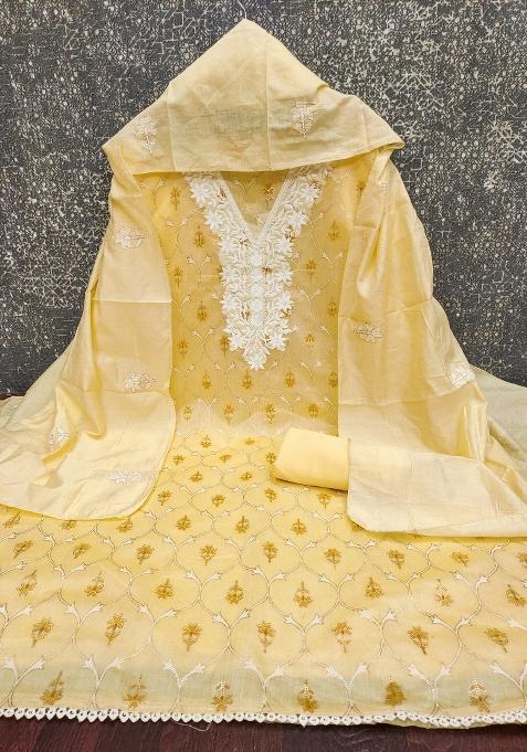 Yellow Embroidered Chanderi Dress Material