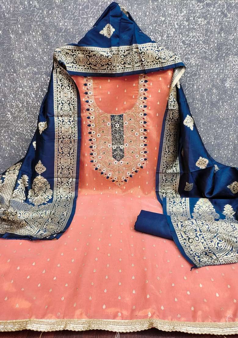 Peach Embroidered Shimmer Straight Kurta Set - Indya